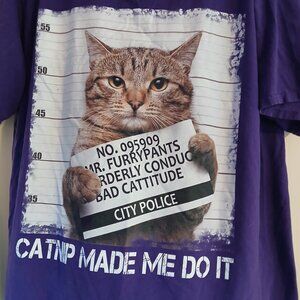 Women's Port & Company Graphic Cat Mugshot Tee Shirt Purple GUC